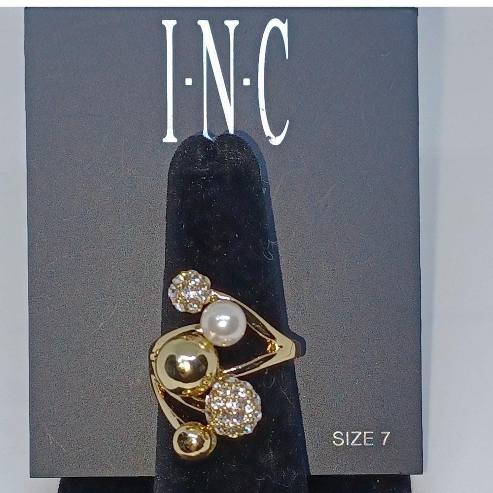 INC International Concepts Gold Tone Pearl Crystal Orb Ring Size 7 New with Tag - Picture 2 of 5